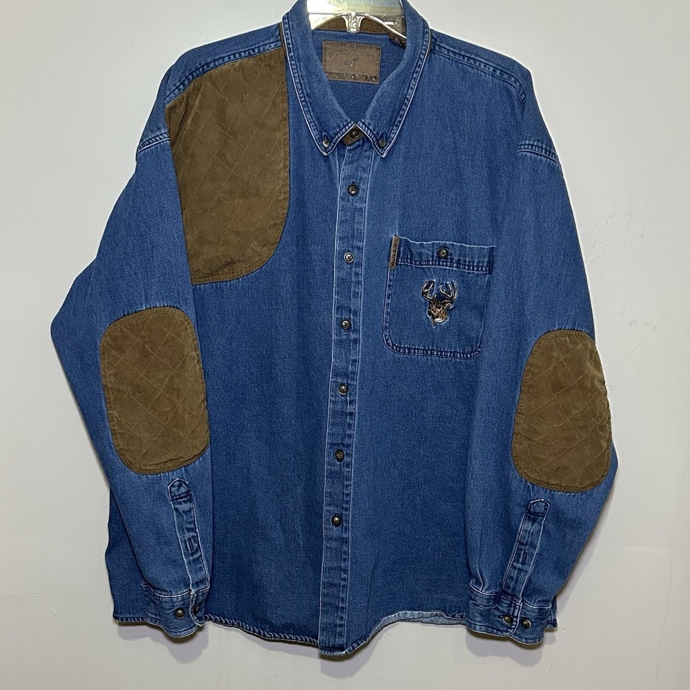 North River Denim Button Down Shirt Blue L/S Hunting‎ Deer Elbow Patch Mens XXL